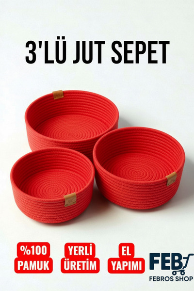 Febros 3-Piece Jute Basket Set 100% Cotton Basket Handmade Multi-Purpose Organizer Kitchen Bathroom Toy Basket