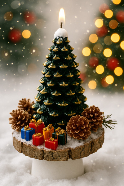 Avrupa Akademi Noel Temalı Ağaç Kokulu Dekoratif Mum – Kütük Tabanlı, Hediye Paketi ve Kozalaklı Tasarım