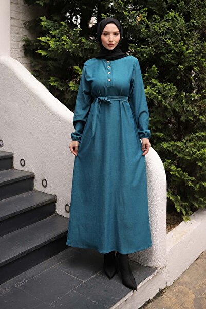 İmajButik Petrol Green Belted Sleeve Elasticated Corded Fabric Dress