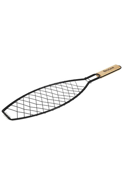 Vaggan suport pentru grătar de pește, metal/lemn, 35x14x58 cm, negru/maro