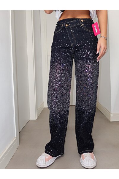 NicoleShop Blugi talie asimetrică pietre