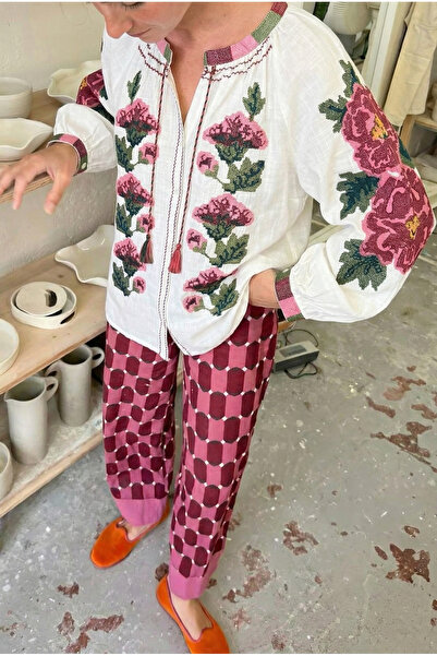 FEMELLE Women's White Collar Tassel Detail Embroidered Cuffs Balloon Sleeve Cross-Stitch Embroidered Cotton Shirt