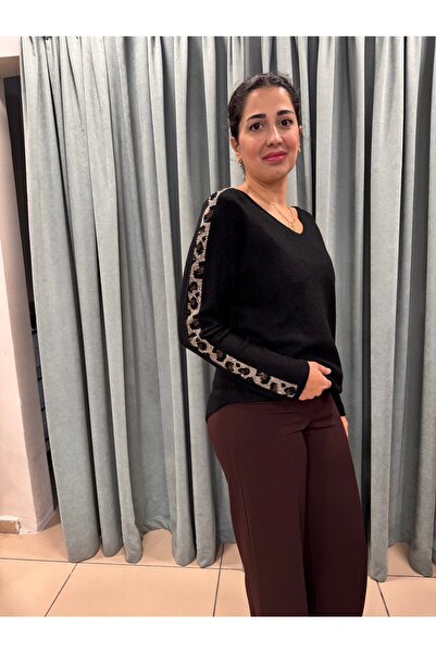 İthal Leopar Taşlı soft siyah Kazak