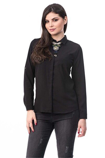 WildFashion W613-1 Μαύρο πουκάμισο γραφείου με μακριά μανίκια και κολιέ με χρ...