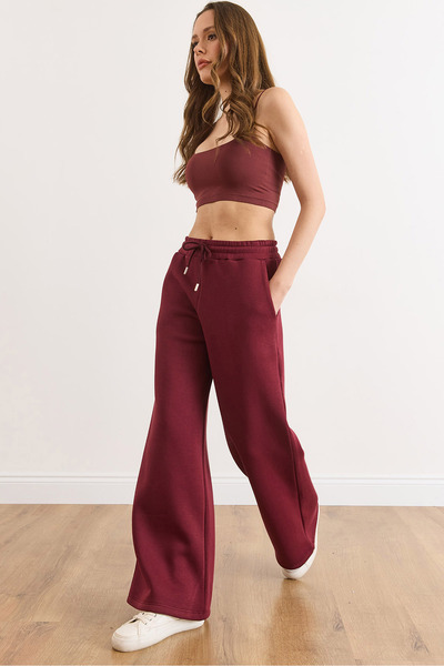 Olalook Pantaloni de sport pentru femei, bordeaux, cu șireturi în talie, cu buzunare croi larg pe picior cu căptușeală din fleece EŞF-00000085