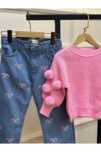 ArdenKids 2-8 Yaş Pembe Ponpon Kol Triko Kazak & Fiyonk Nakış Detay Takım