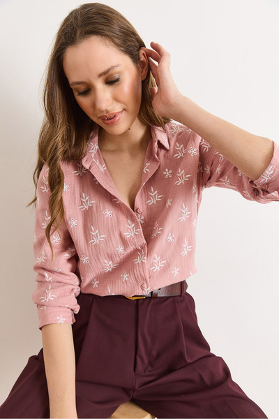 Olalook Women's Dusty Rose White Embroidery Detailed Muslin Shirt Gml-19001333