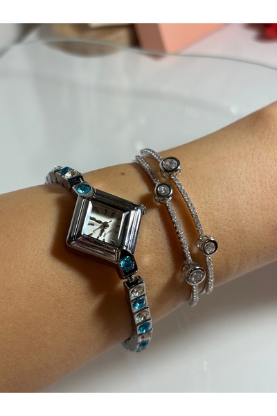 Mihristore Mavi Taşlı Gümüş Pinterest Kadın Saat Ve Bileklik Seti Saat Set