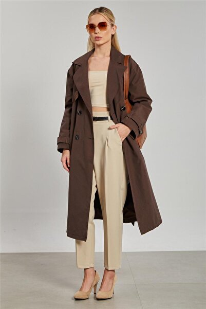 BARRELS AND OIL Women's Belted Four-Button Long Trench Coat - Brown