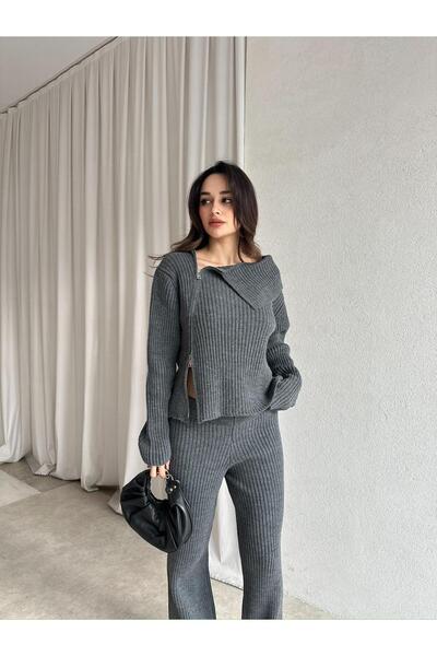 Mooi Butik Casper Zipper Collar Sweater Set 8685 - Gray