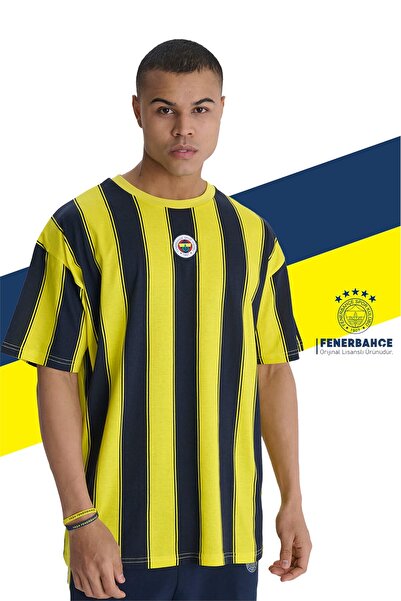 Fenerbahçe Original Licensed Yellow Navy Blue Striped Men's T-Shirt