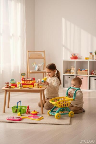 BYCEGU BOL BOL AKSESUARLI 3LÜ SET YAZAR KASA KESLEN MEYVELER VE SEPETİ ALIŞVE...