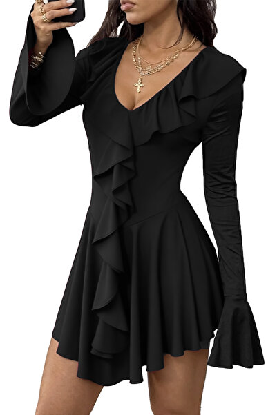 Edela Uzun Kollu V Yaka Fırfırlı Eteği Asimetrik Siyah Elbise