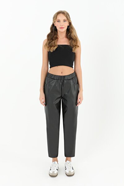 Puane Women's Elastic Waist Pocket Detailed Leather Trousers - 18205Pnt - Black