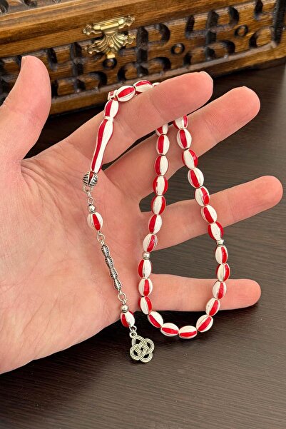 TESBİHKENTİ سبحة معدنية من حجر المينا الأحمر والأبيض