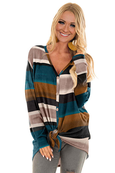 WildFashion N55-1289 Πολύχρωμο πουκάμισο με μακριά μανίκια και V λαιμόκοψη