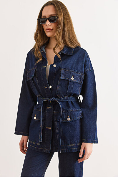 Olalook Women's Navy Blue Belted 4-Pocket Denim Jacket Ckt-19000503