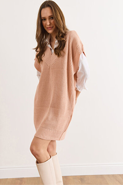 Olalook Women's Powder V-Neck Knitwear Tunic Dress Elb-19002343