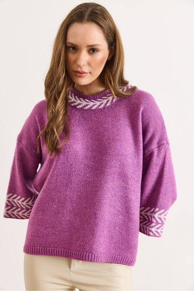 Olalook Women's Dusty Rose Cuff Sleeve Detailed Three-Quarter Knit Sweater Kzk-19000975