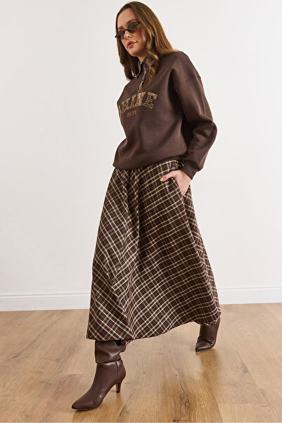 Olalook Women's Brown Plaid Maxi Bell Skirt with Zipper Back Etk-19000378