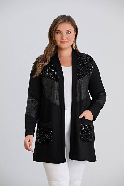 wearon tekstil Women's Crystal Fabric Sequin and Suede Leather Detail Sequin Pocket High-End Plus Size Cardigan