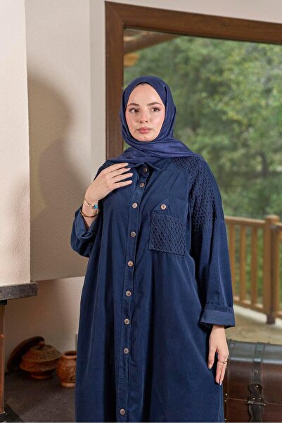 Ranasubaşı Velvet Shirt Dress-Navy Blue