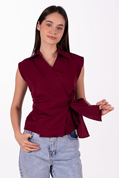 BARRELS AND OIL Women's Side Tie Zero Sleeve Shirt - Burgundy
