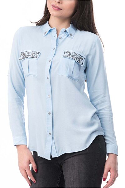 WildFashion Camasa sky blue cu maneci lungi si buzunare cu aplicatii in drept...