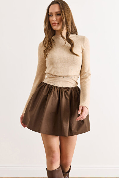 Olalook Women's Stone Stud Detailed Zippered Back Paneled Mini Dress Elb-19002573