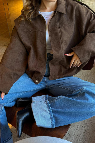 TB Butik Bitter Brown Suede Zippered Bomber Jacket