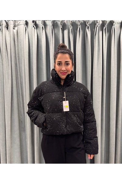 Arzu Yıldırım Butik Taşlı Siyah İthal Tarz Tasarım Şişme Kısa Mont