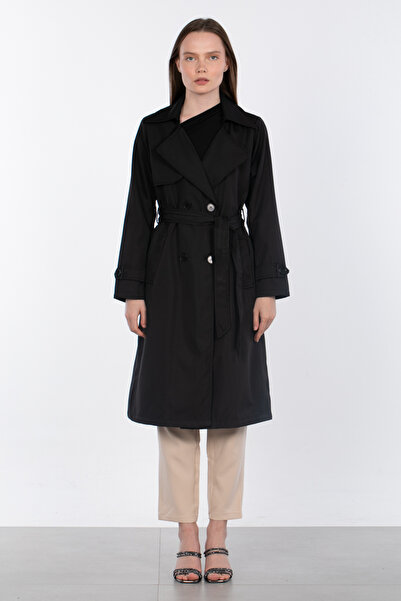BARRELS AND OIL Buttoned Long Trench Coat with Belt - Black