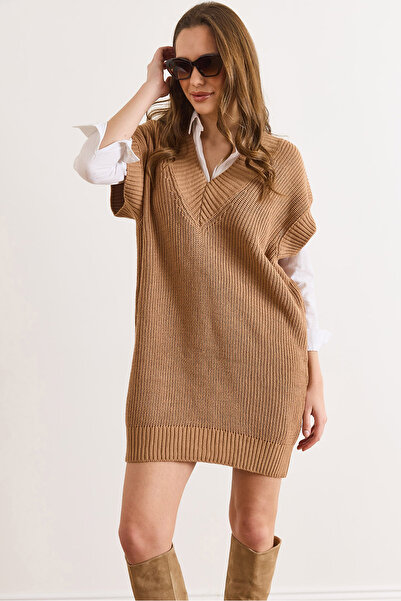 Olalook Women's Camel V-Neck Knitwear Tunic Dress Elb-19002343