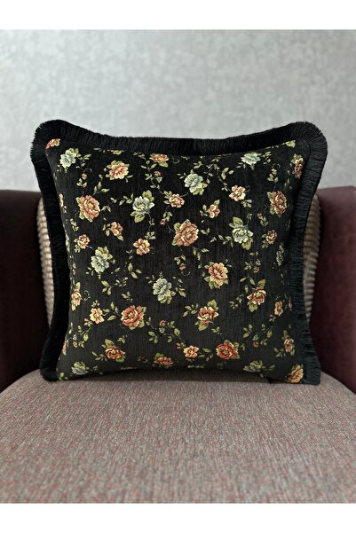 Fabricland Goblen Dokuma Keten Siyah Renk Püsküllü Kırlent Kılıfı 43x43cm