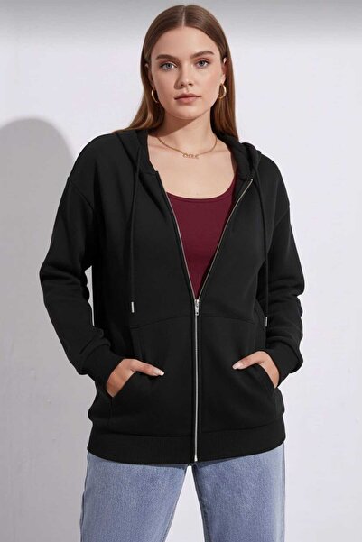 Vuslat سترة نسائية من الصوف بقلنسوة وسحاب باللون الأسود