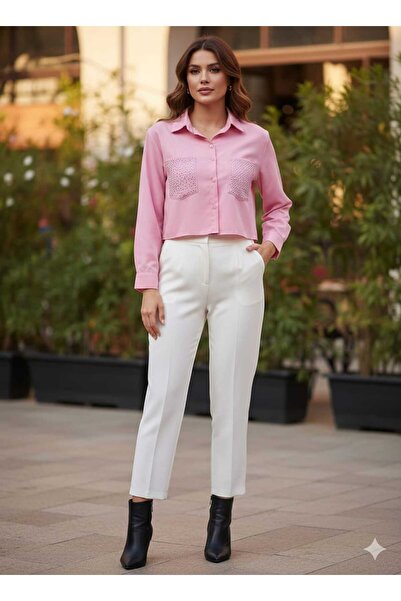 MODA Cep detayı zımbalı moden duruşlu kısa gömlek