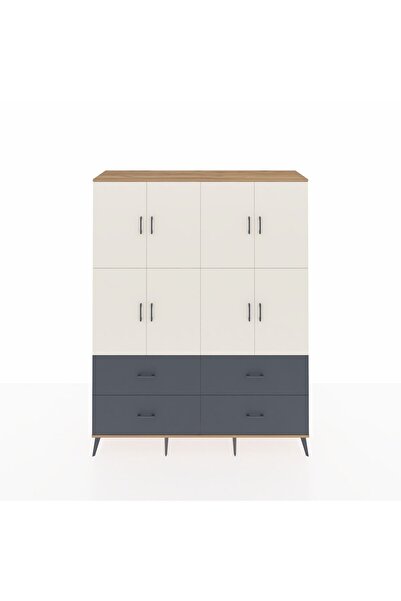 Dienni Hyperion Gardrop 8 Raflı 4 Çekmeceli 8 Kapaklı 176x44x221 Çam-Aytaşı/Antrasit