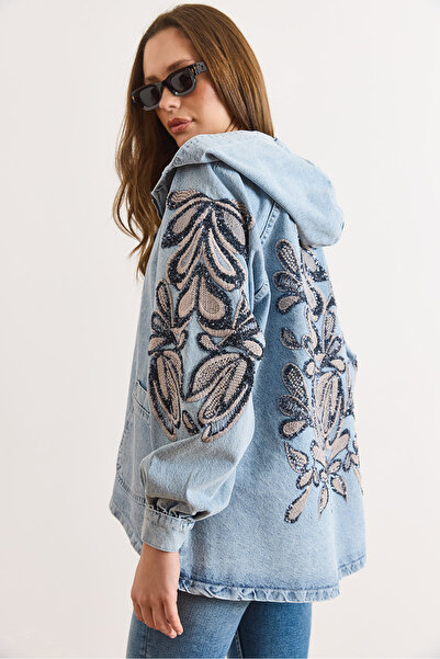 Olalook Women's Light Blue Hooded Pockets Sequined Back Handle Oversized Denim Jacket Ckt-19000504