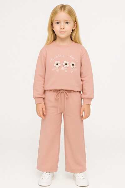 zepkids بدلة رياضية للفتيات بياقة دائرية مطرزة بنقش الأقحوان بلون الورد المجفف