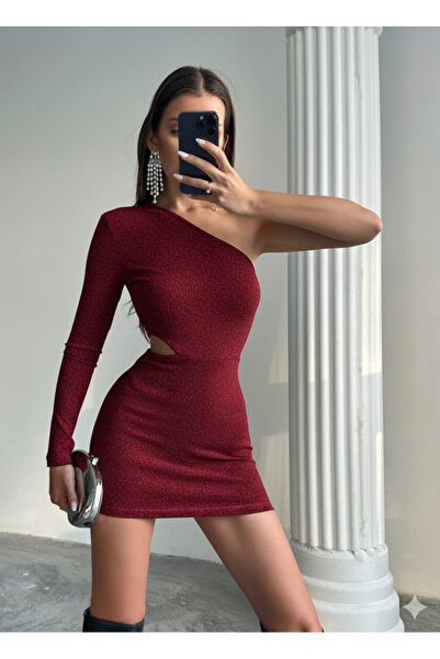 Justin Kadın Tek Kol Bel Dekolteli Bordo Simli Mini Elbise