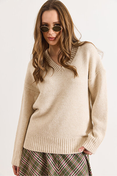 Olalook Women's Stone V-Neck Oversized Basic Knitwear Sweater Kzk-19001094