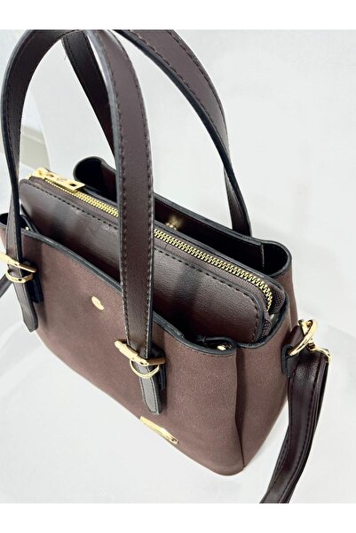 Sanmorris Geantă de umăr și de mână OZER-1415-Sanmorris pentru femei, cu curea lungă, 4 compartimente, cu accesorii aurii, piele de căprioară maro închis
