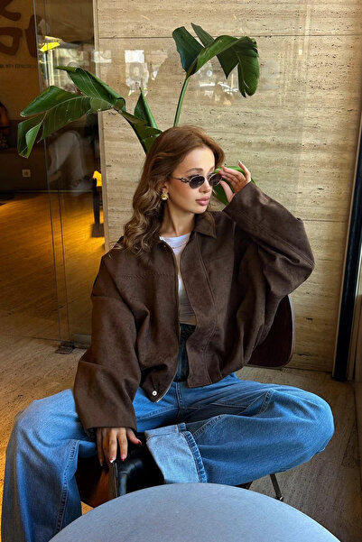 TB Butik سترة بومبر من جلد الغزال باللون البني المر مع سحاب