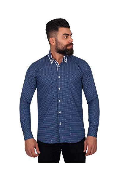 MAKROM Slim Fit Men's Shirt with Navy Blue Design Detail