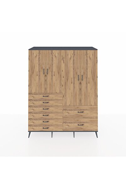Dienni Kronos Gardrop 7 Raflı 8 Çekmeceli 4 Kapaklı 176x59x221 Antrasit-Çam