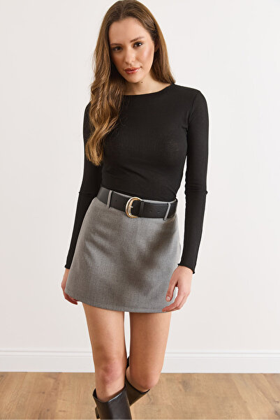 Olalook Women's Gray Belt Detailed Shorts Mini Skirt Etk-19000364