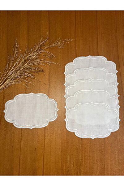 Smiling Home 6 Pieces Linen Ecru Color Beaded Simay Patterned Tray Cover