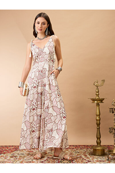 Globus By Styli Women Tie Up Sleeves Ethnic Print Wide Leg Fusion Jumpsuit