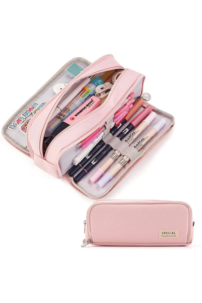 Choice مقلمة كبيرة وردية اللون بثلاثة أقسام، حقيبة أقلام واسعة، حقيبة أقلام للطلاب للعودة إلى المدرسة