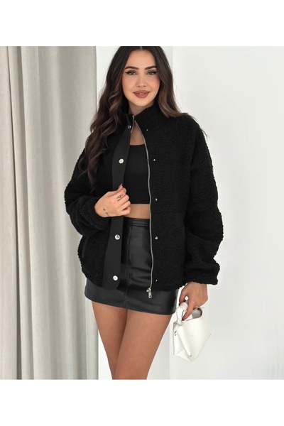 Mazelf Baby&Kids Wear Beige Zippered Pocket Mock Neck Snap Fastener Teddy Plu...